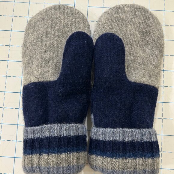 100% Felted Shetland Wool handcrafted Mittens - Navy, Gray, Blue Strip - Picture 6 of 6